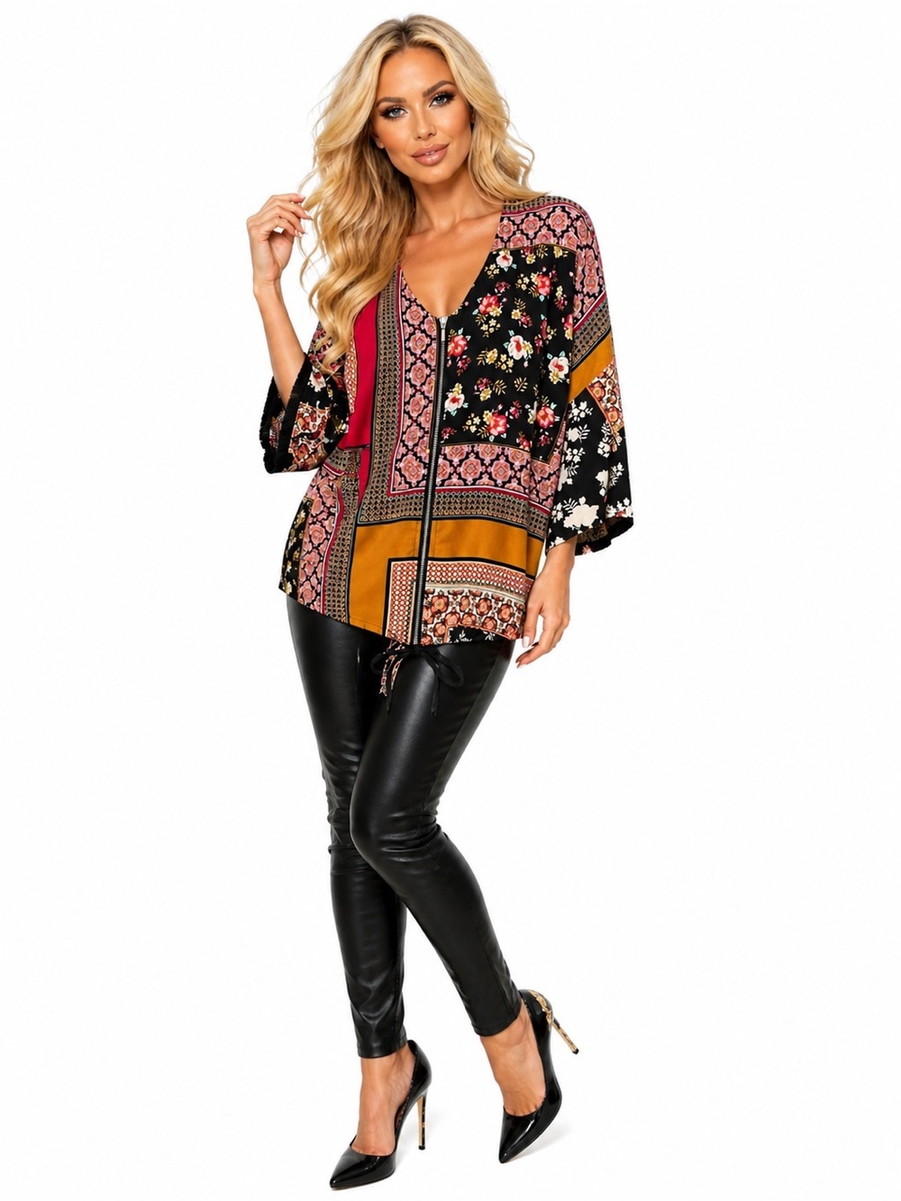 Chico’s Size 1 (M-8) Multicolor Patchwork Floral Zip Front Boho Blouse